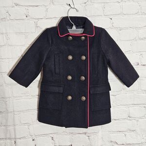 GAP Toddler Pea Coat Size 12-18 Months Wool Navy Blue Contrasting Red Trim Lined
